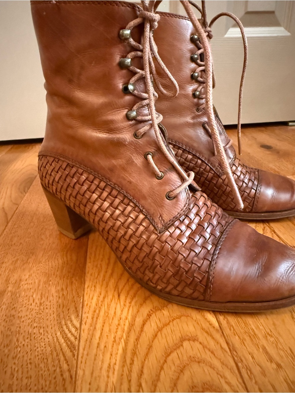 Woven Leather Lace-Up Ankle Boots - Tan